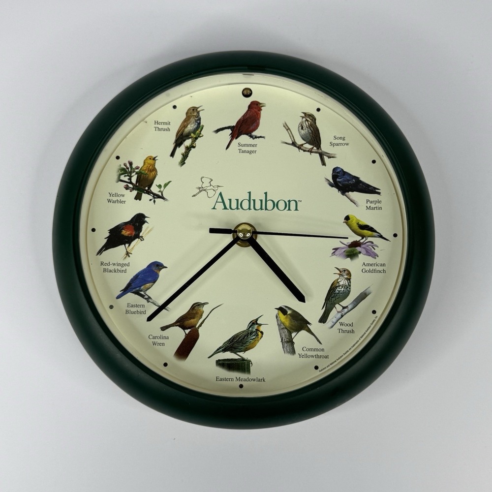 Audubon Birds of America Singing Sounds 8" Round Wall Clock Green Tested Working